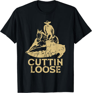 Cutting Horse Designs for Horseman Cuttin Loose Loves Western Horse Riding Cowboy Cutting Horse T-Shirt - Black