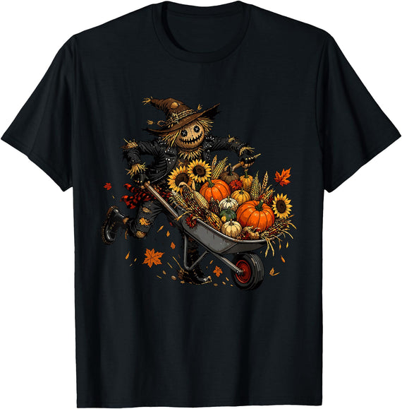 Autumn Harvest Scarecrow Pumpkin Patch Halloween Halloween Scarecrow Pushing Wheelbarrow of Pumpkins T-Shirt - Black