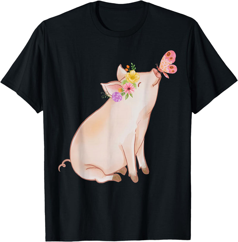 Watercolor Pink Pig With Floral And Butterfly Farm Design T-Shirt - Black