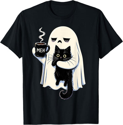 Funny Halloween Ghost Cat Coffee Lover Tee Funny Halloween Ghost Spooky Black Cat Coffee Lover T-Shirt
