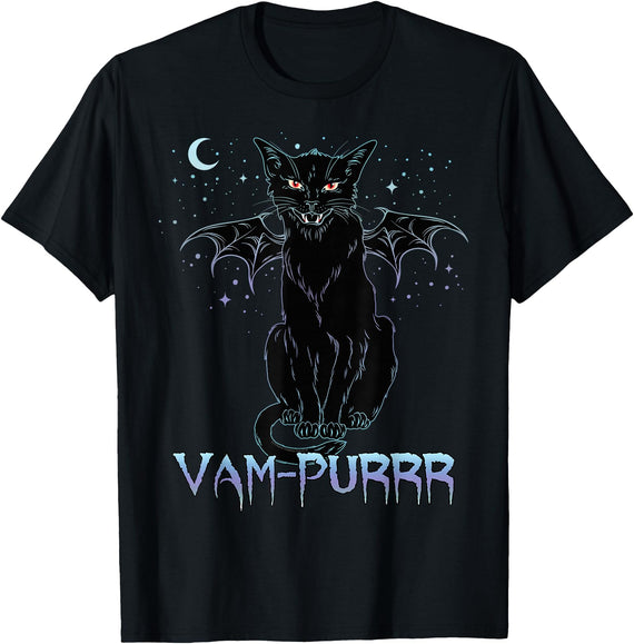 Dibble Dabble Designs Halloween Vampire Cat VAM-Purrr Cat Lovers Black Cat Halloween T-Shirt - Black