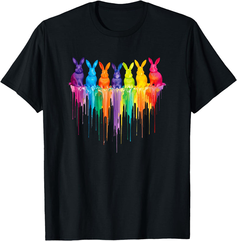 Vibrant Rainbow Bunnies Dripping Colors Easter T-Shirt in Black