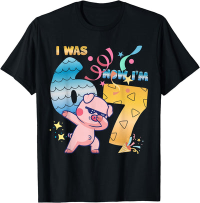 I was 6 Now I'm 7 Funny 67 Birthday Kids Boys Dabbing Pig T-Shirt