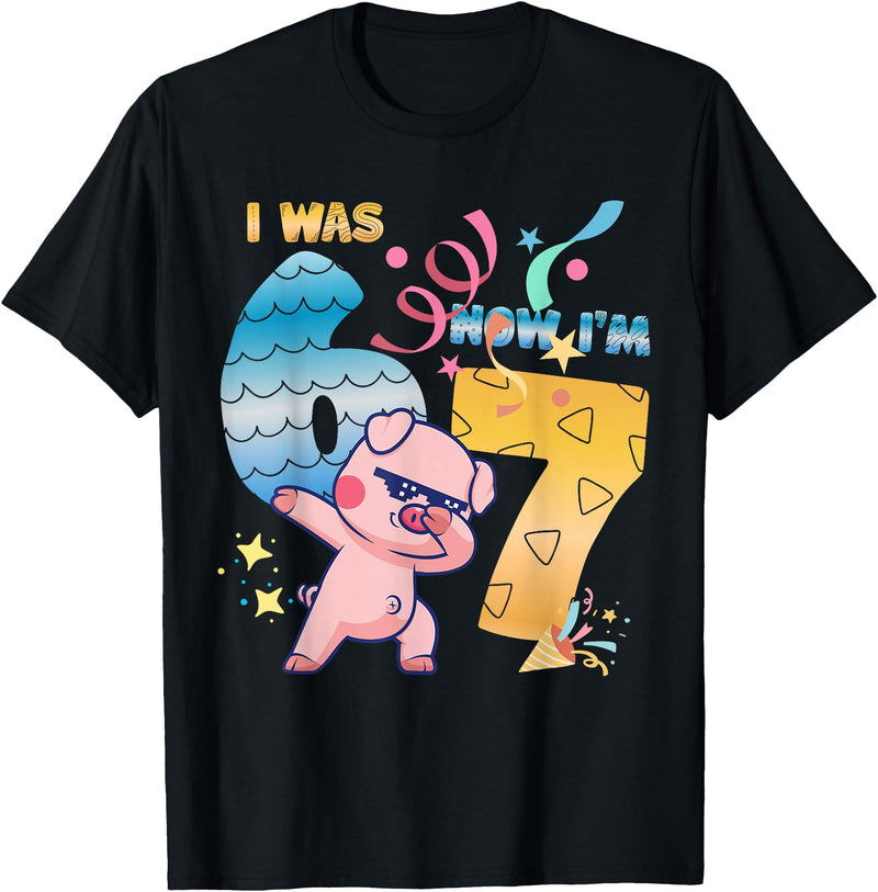 Funny 7th Birthday 6-7 Meme Pig Shir-t Kids Gift I was 6 Now I'm 7 Funny 67 Birthday Kids Boys Dabbing Pig T-Shirt - Black