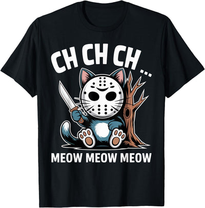 Spooky Cat Designs Ch Ch Ch Meow Meow Cat Mask Funny Halloween Cat Lovers T-Shirt
