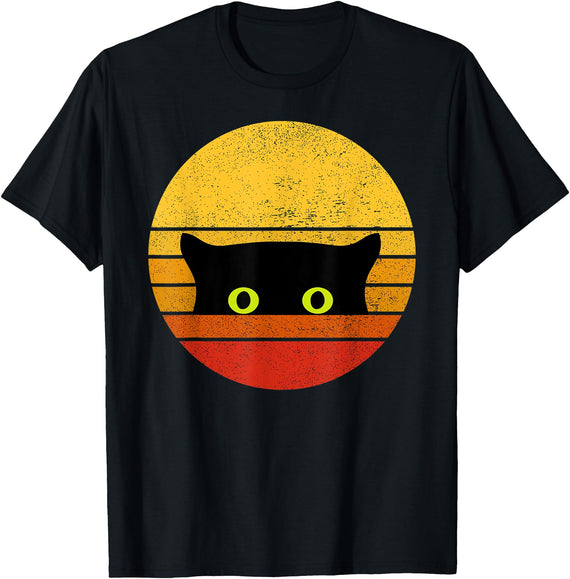Trendy Peeking Kitty Cat Gifts Vintage Retro Style Black Cat Face Peeking Eyes Halloween T-Shirt - Black