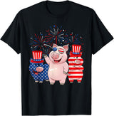 Ohia Three Patriotic Pigs USA Independence Day Tee Funny Red White Blue Pig American Flag Farmer 4th Of July T-Shirt - Black