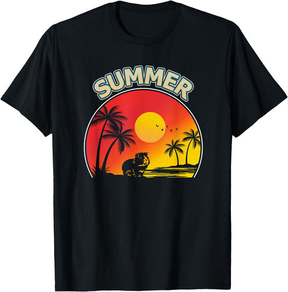 Retro Sunset Beach Guinea Pig Gifts Co Palm Tree With Guinea Pig Beach Holiday Summer Vacation T-Shirt - Black
