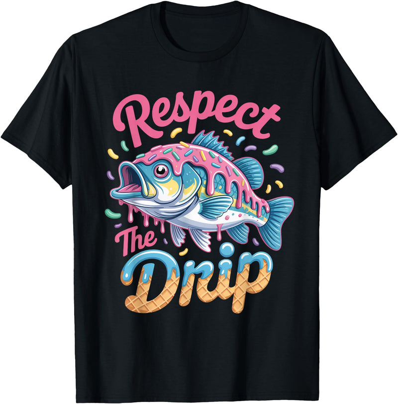 Fishermen Gifts Little Girls Boys Respect The Drip Fishing Boys Girls Fish Youth Bass Kids T-Shirt - Black