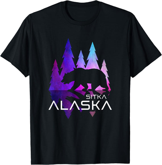 Midnight Sun Gifts and Designs Sitka - Alaska - Colorful Bear and Trees T-Shirt - As Pictured