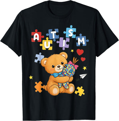 Cute Autism Awareness Bear Colorful Puzzle T-Shirt