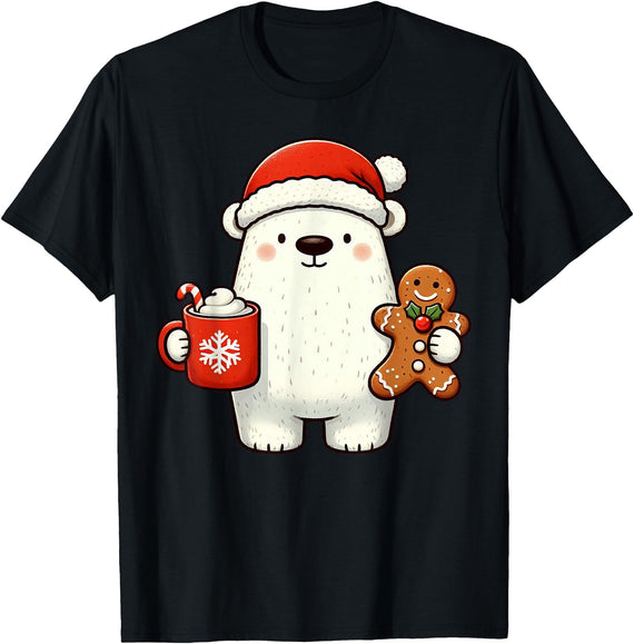Cute Polar Bear Beanie Christmas Kawaii Japanese Polar Bear Santa Hat Christmas Holiday Xmas Coffee Cookies T-Shirt - Black