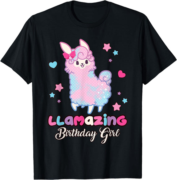 Llamazing Birthday Girl Llama Family BW Art Llama Birthday Girl Llamazing Birthday Alpaca Llama Girl T-Shirt - Black