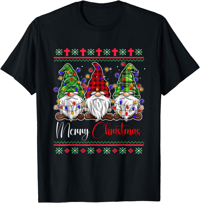 Xmas Lights Gnomes Holiday Graphics Merry Christmas Leopard Buffalo Red Plaid for Men Women T-Shirt - Black