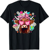 Cute Highland Cow Funny Teacher Life Retro Cute Highland Cow Teacher Bow Flower Heart Glasses T-Shirt - Black