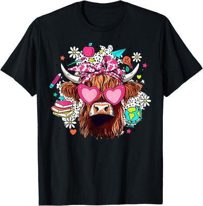Cute Highland Cow Funny Teacher Life Retro Teacher Bow T-Shirt