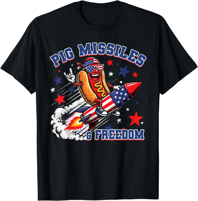 Pig Missiles and Freedom 4th of July Patriotic Hotdog T-Shirt