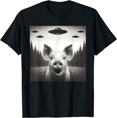 Funny Pig Selfie UFO Alien Humor Vintage Print Art Design T-Shirt
