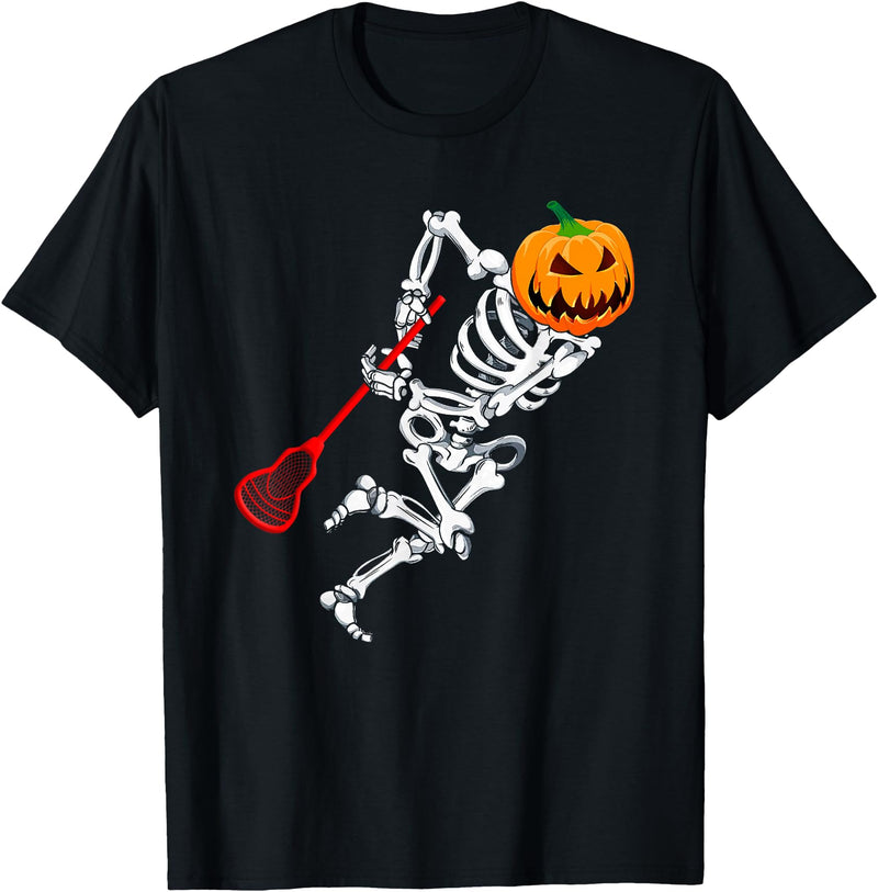 Lacrosse Skeleton Halloween Costumes Skeleton Lacrosse Halloween Pumpkin T-Shirt - Black