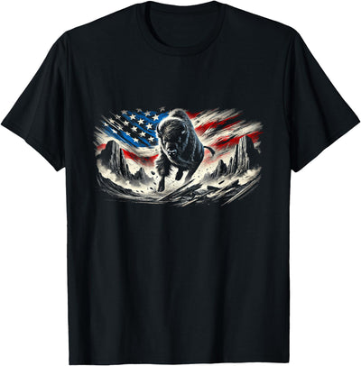 Cow Western Buffalo American Bison Usa Flag T-Shirt