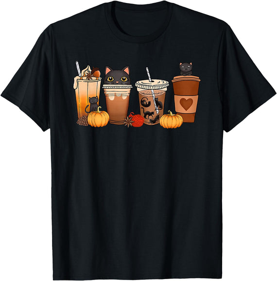 Coffee Cat Halloween Costume Cats Lover Black Cat Halloween Iced Coffee Cups Fall Pumpkin Kitten T-Shirt for Men Women Kids