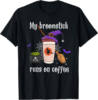 Spooky Caffeine Witch Fall Festival Designs Witch Halloween My Broomstick Runs On Coffee Women T-Shirt