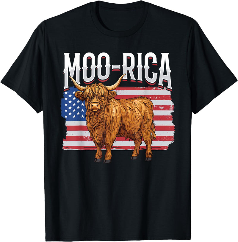 Funny Scottish Highland Cow 4th of July Scottish Highland Cow 4th of July Independence Day Moo-rica T-Shirt - Black