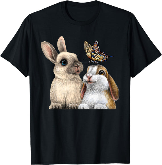 Two Cute Little Rabbits with a Butterfly for Lovers Bunny T-Shirt in Black