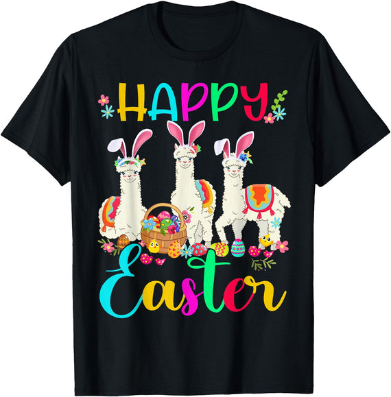 Happy Easter Three Llama Wearing Bunny Ear Happy Easter Llama Lover Three Llama Wearing Bunny Ear T-Shirt - Black