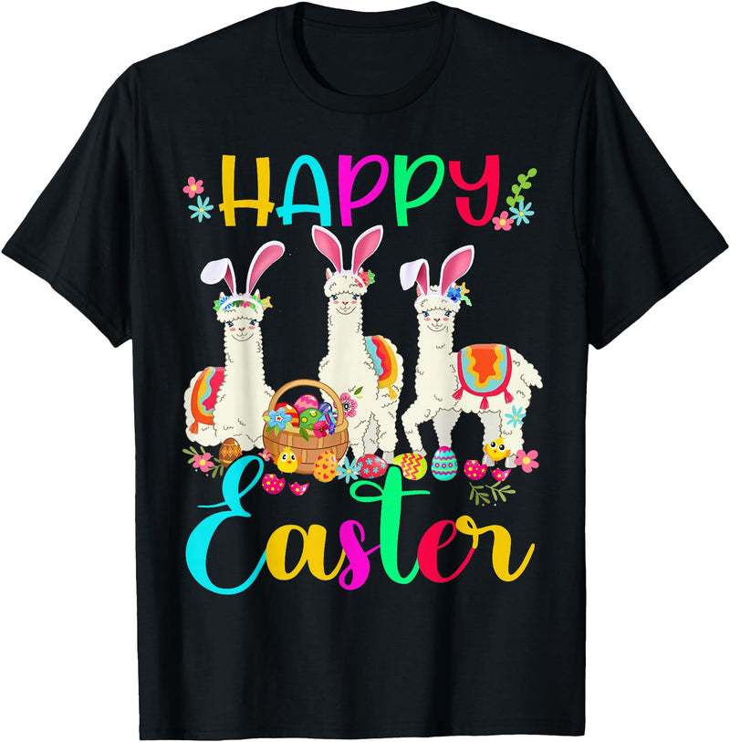 Happy Easter Three Llama Wearing Bunny Ear Happy Easter Llama Lover Three Llama Wearing Bunny Ear T-Shirt - Black