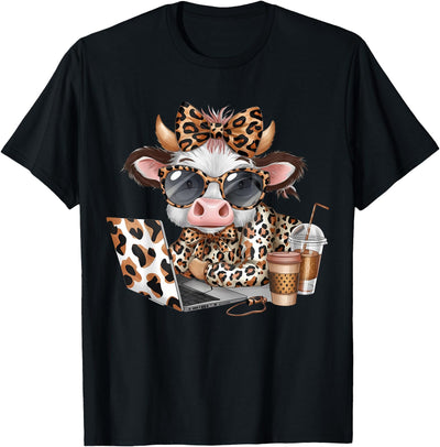 Cute Highland Cow Coffee Addict Cute Cow Leopard Coquette T-Shirt