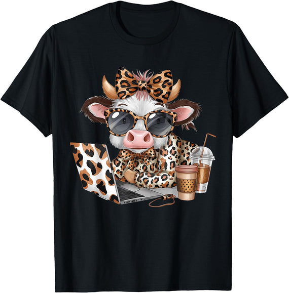 Cute Highland Cow Coffee Addict Cute Cow Leopard Coquette Coffee Lover Girls Women T-Shirt - Black