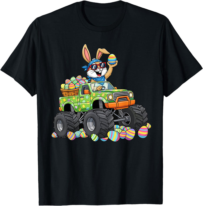 Easter Day Bunny Monster Truck Eggs Cool Rabbit Men Boys Kid T-Shirt in Black