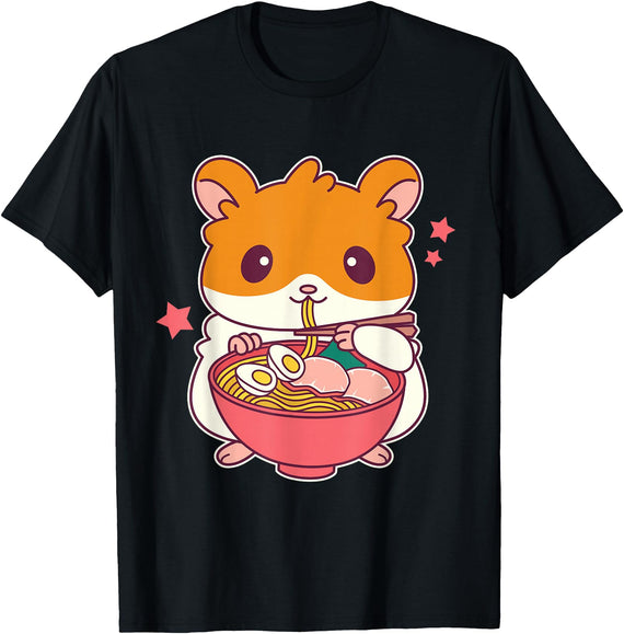 Cute Hamster Eating Ramen Hamster Lovers T-Shirt - Black