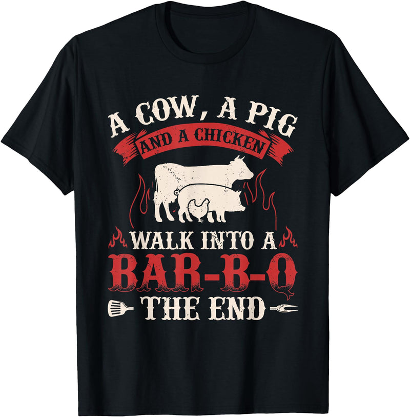 Funny Barbecue Lover Gifts & BBQ Fan Outfits Funny Barbecue Cow Pig Chicken Graphic Meat Smoking BBQ T-Shirt - Black