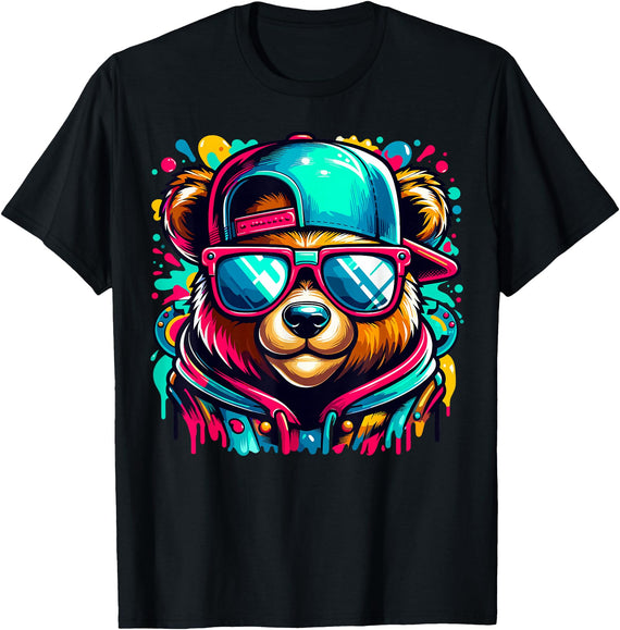 Funny Teddy Bear Lovers Colorful Hip Hop Teddy Bear Sunglasses Rap Music T-Shirt - Black