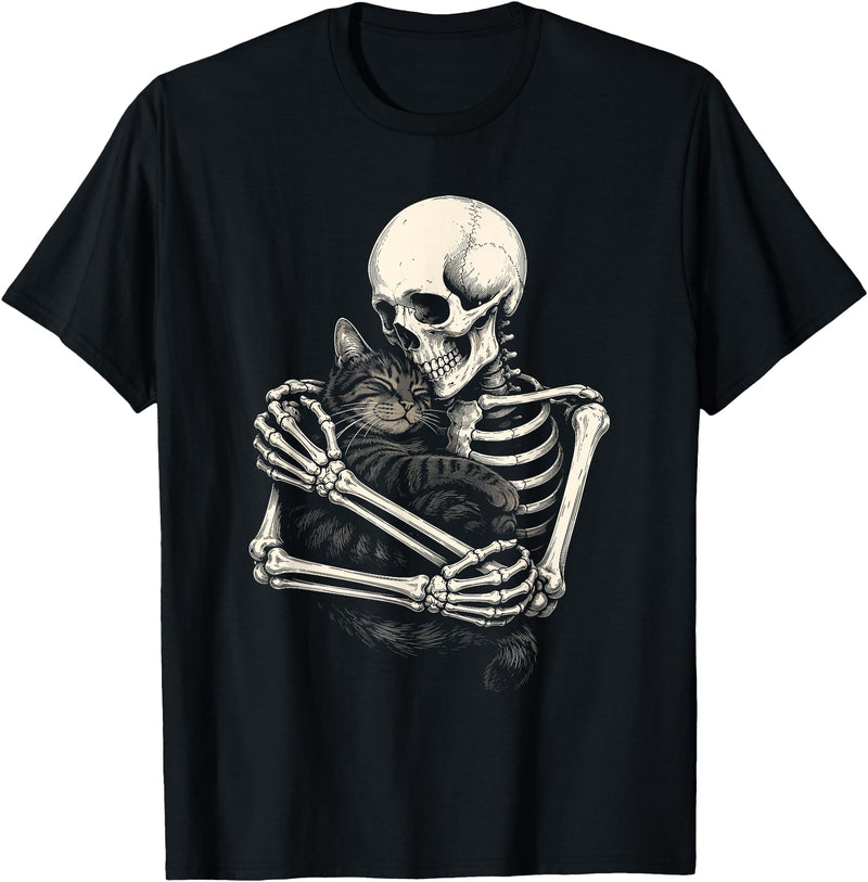 Retro Skeleton Hugging Cat Halloween Tee Skeleton Hugging Cat Halloween Cat Lover Cat Mom Dad T-Shirt - Black