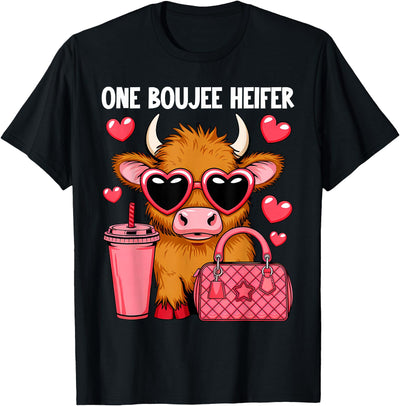 Womens Highland Cow One Boujee Heifer Pink Cow T-Shirt