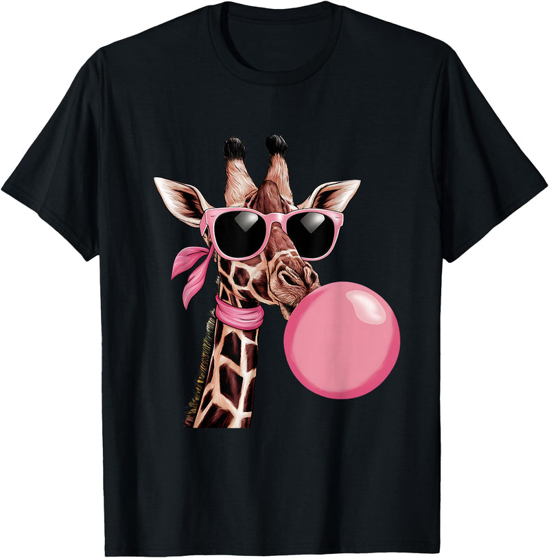 Funny Giraffe Lover Design Outfit Funny Cute Giraffe Pink Bubble Gum and Pink Sunglasses T-Shirt - Black