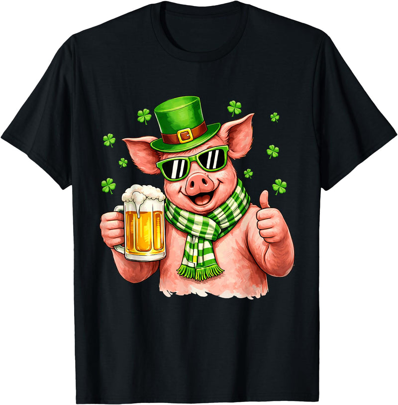Amt Pig & Drinking Beer Lovers Saint Patrick's Day Funny Pig Drinking Beer Leprechaun Shamrocks St Patricks Day T-Shirt - Black
