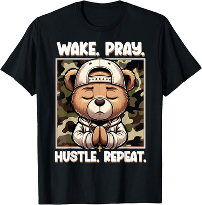 Wake Pray Hustle Repeat Hip Hop Teddy Bear Boys Teens Camo T-Shirt