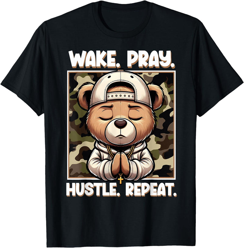 Camouflage Hip Hop Teddy Bear Hustle Grind Designs Wake Pray Hustle Repeat Hip Hop Teddy Bear Boys Teens Camo T-Shirt - Black