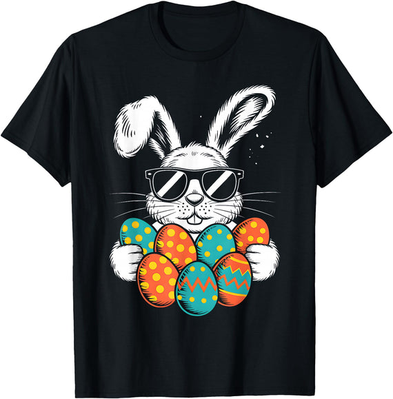 Bunny Face with Sunglasses Eggs Cool Rabbit Boys T-Shirt in Black