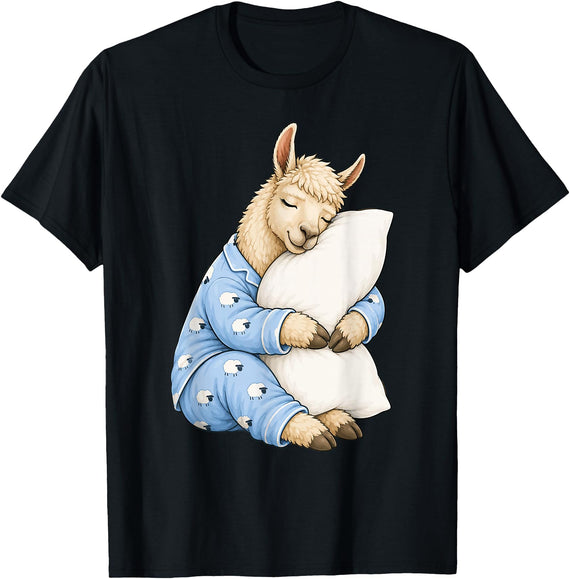 Funny Sleepy Llama Animal Lovers Pajama Llama Sleeping in Cute Pajamas Sleep T-Shirt - Black