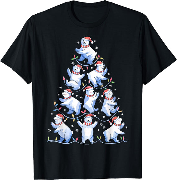 White Giant Christmas Tree Lights Santa Hats Polar Bear Christmas Tree Funny Ice Bear Holiday T-Shirt - Black