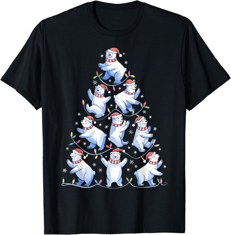 White Giant Christmas Tree Lights Santa Hats Polar Bear Christmas Tree Funny Ice Bear Holiday T-Shirt - Black