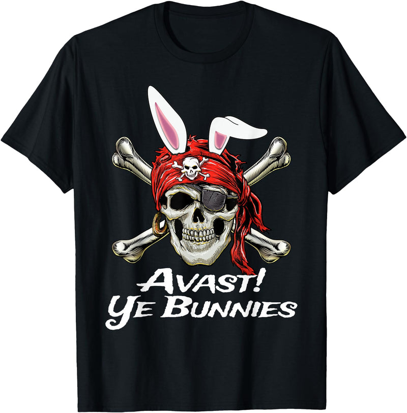 Funny Pirate Skull and Crossbones Avast Ye Bunnies Easter T-Shirt in Black