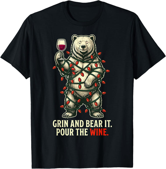 Holiday Vino Polar Bear Humor Christmas Party Christmas Grin and Bear It. Pour The Wine. Funny Lover Pun T-Shirt - Black