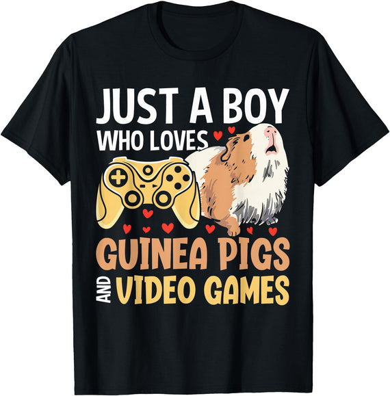 Funny Guinea Pig Gifts For Women Men Kids by DMTRY Just A Boy Who Loves Guinea Pigs and Video Games T-Shirt - Black