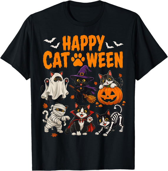 Halloween Costume Funny Spooky Season Halloween Happy Cat-o-Ween Spooky Cats Funny Halloween T-Shirt - Black